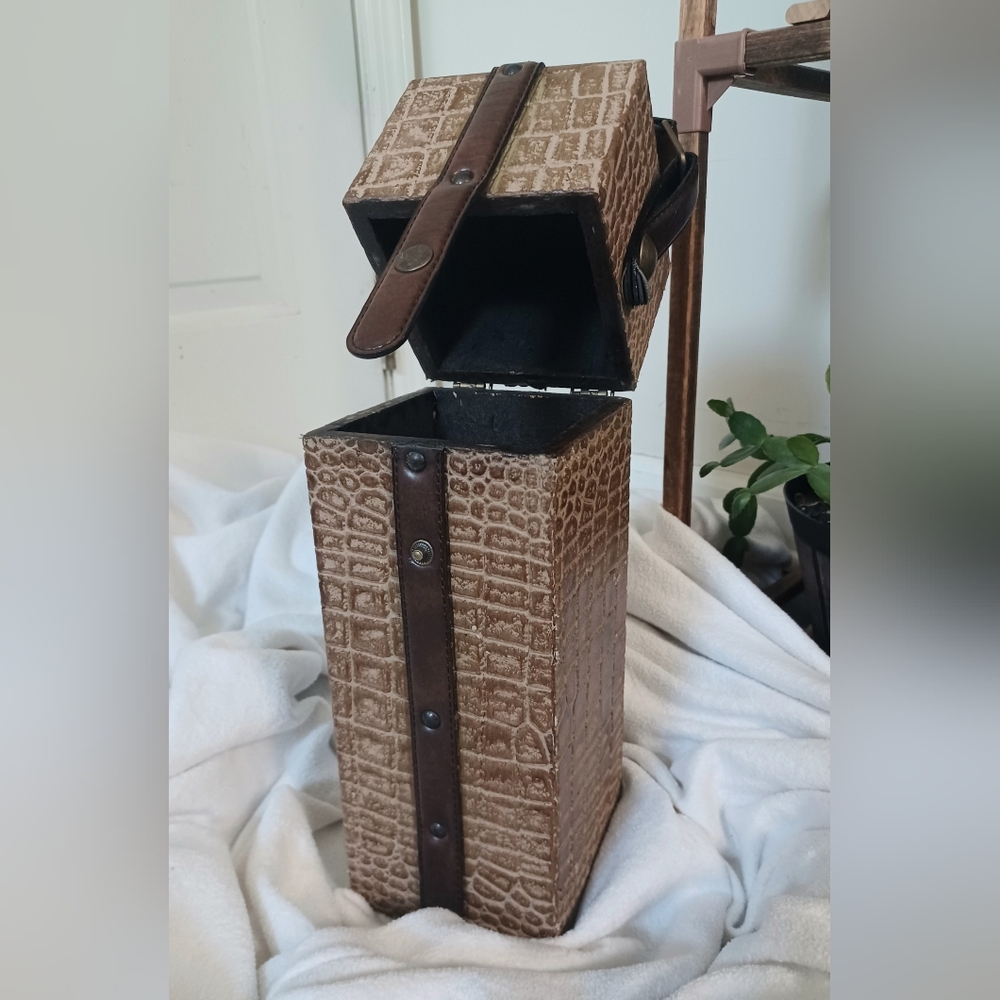 Vintage Wine Holder Wood Box With Leather Straps & Handle And Button Closure
